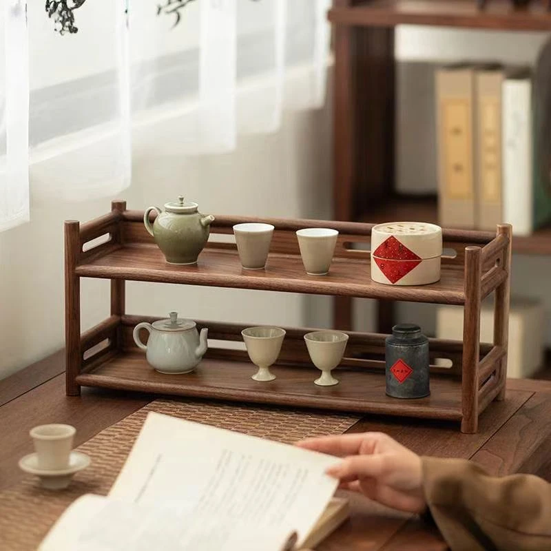 黑胡桃八仙双层收纳架手工复古家用中式竹制茶杯架壶架