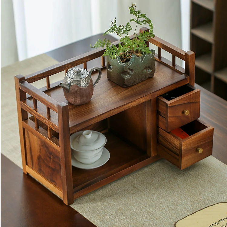 胡桃木围栏双抽桌面置物柜收纳柜客厅家用简约办公室储物柜茶柜