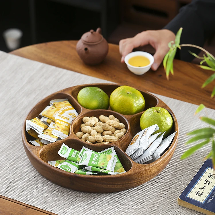 胡桃木五格小食圆盘网红家用创意双层分格带盖干果盒果盘子
