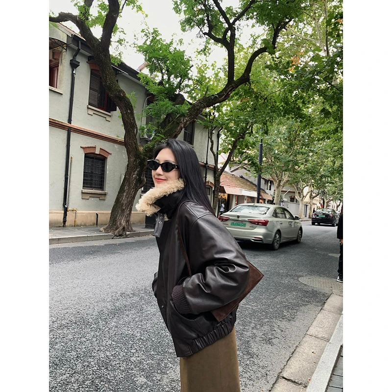 小君君布兰妮 暮色庄园/Lem*风毛领飞行员皮夹克立领防风棉服外套