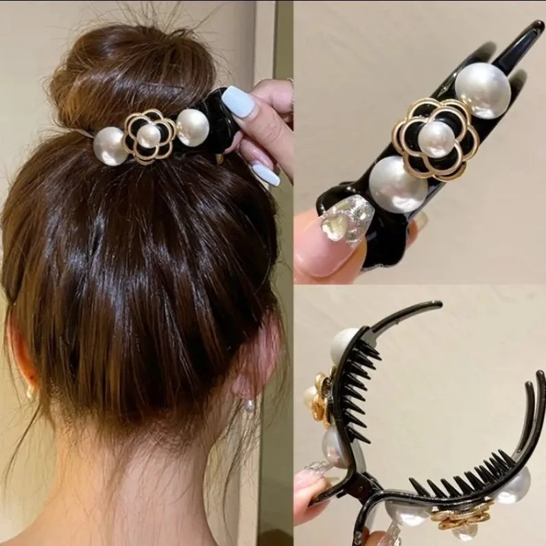 复古抓夹高级感山茶花珍珠发夹后脑勺夹子气质丸子头盘发神器头饰