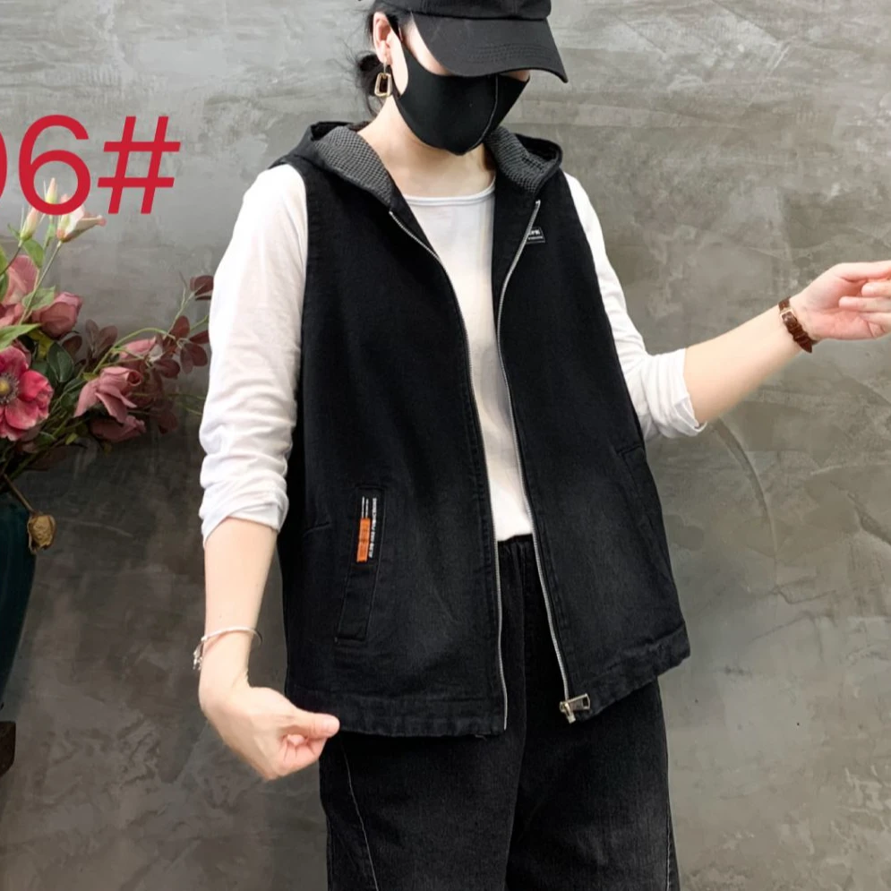 秋季新款连帽牛仔马甲时尚宽松大码马夹洋气百搭中年女装坎肩8806