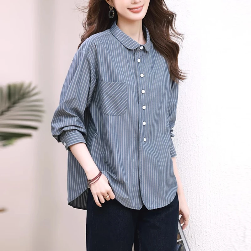 设计感蓝色条纹女士衬衫2025早秋季新款宽松休闲洋气质百搭小衫