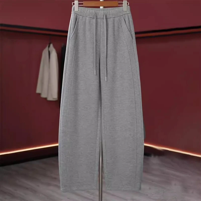 灰色加绒加厚休闲裤女秋季2025新款高腰显瘦卫裤宽松直筒弯刀裤子