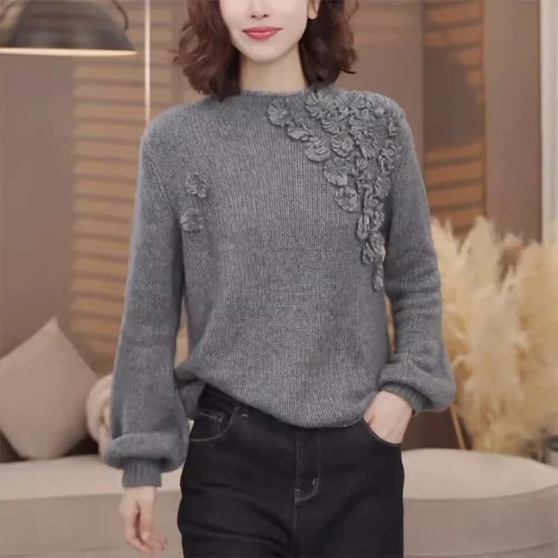 灰色立领针织衫女士秋冬季2025新款慵懒风宽松设计感打底毛衣上衣