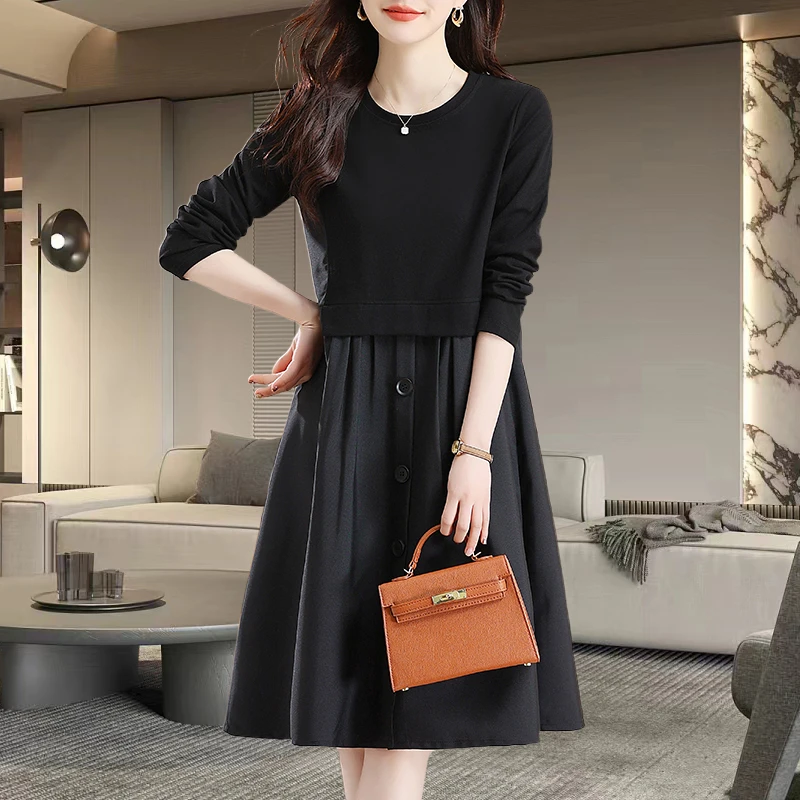 时尚黑色气质连衣裙2025秋季新款大码宽松休闲显瘦洋气减龄裙子女