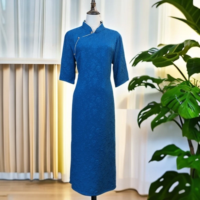 【孔雀蓝大码旗袍】气质网红修身蓝色时尚夏季复古中长款日常优雅
