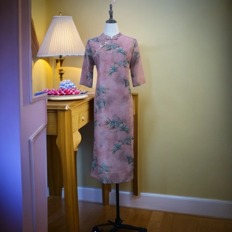 【竹叶喜鹊大码旗袍】气质网红时尚复古中长款修身ins双层日常