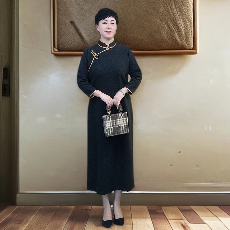 【高级深灰色秋冬季加厚大码旗袍】含山羊绒尼料显瘦长袖时尚复古