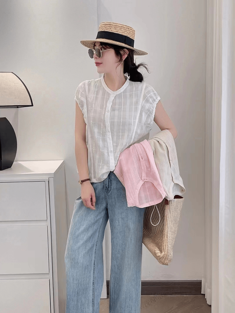 线下299 夏季韩版无袖小衫马夹圆领时尚百搭显瘦纯色女气质马甲