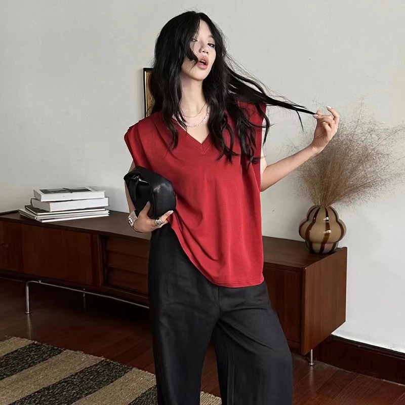 【清仓季】红色V领正肩t恤女小飞袖坎肩背心宽松显瘦百搭垫肩上衣