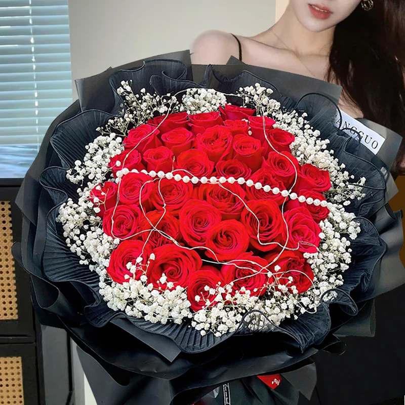 【表白爆款】33朵红玫瑰满天星鲜花束表白求婚送女友爱人老婆生日礼物附近花店送花上门