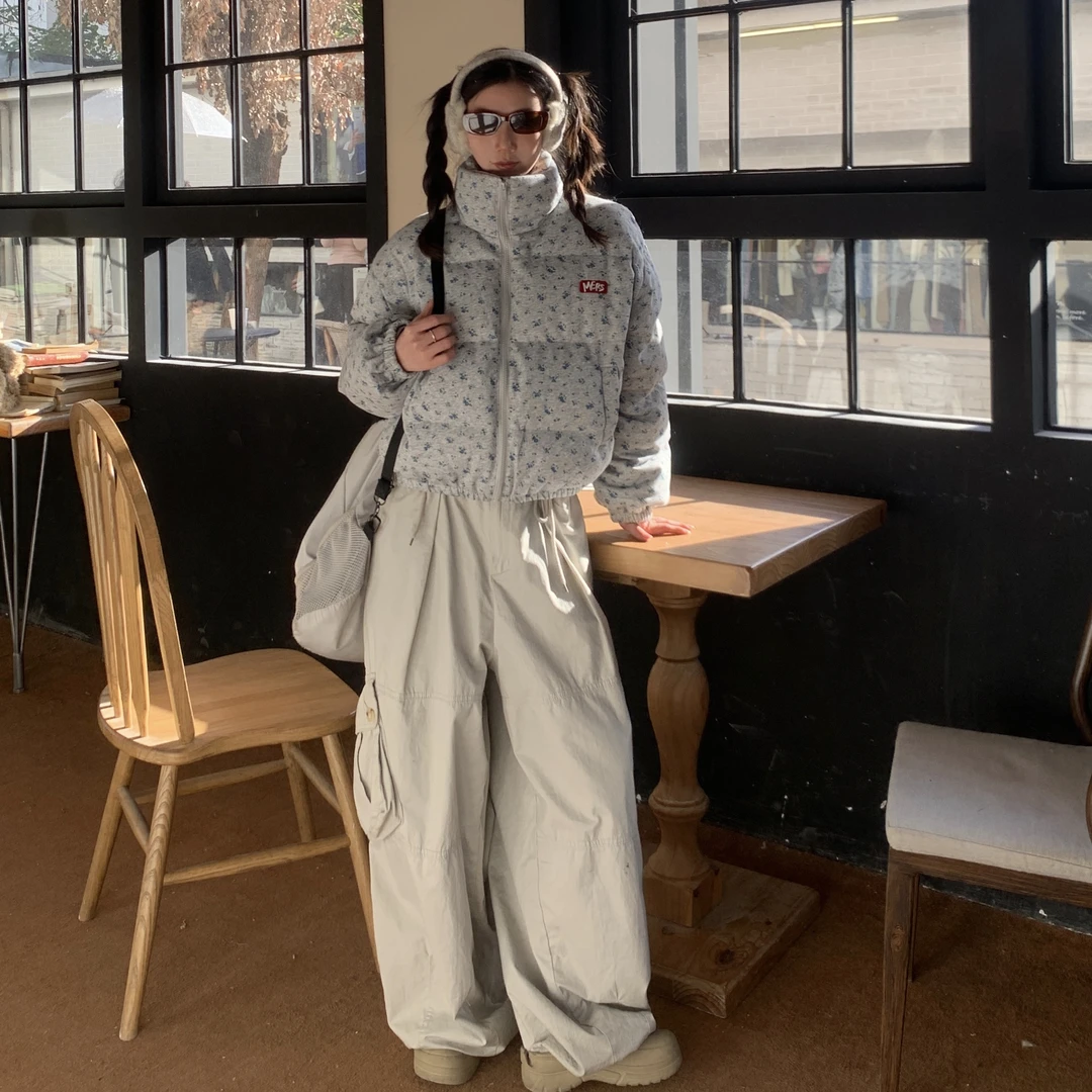 am布丁小碎花满印立领短款棉服女冬季美式加厚保暖棉衣面包服外套