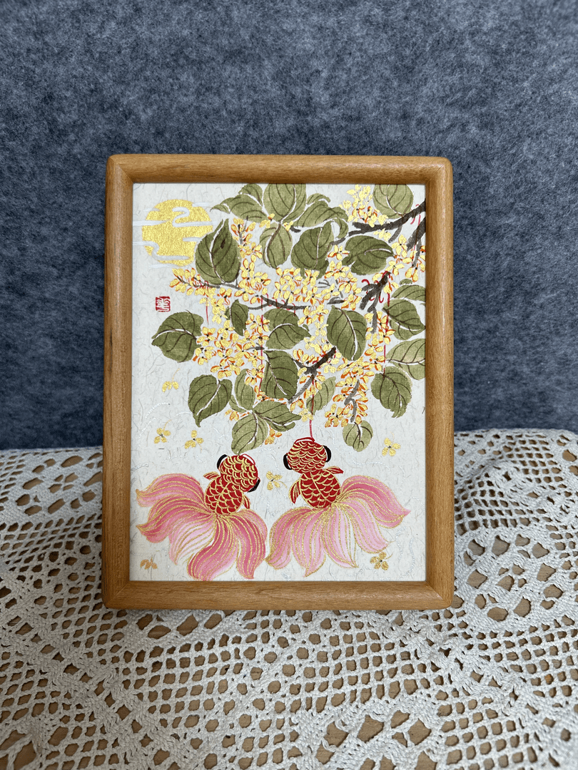 小花纯手绘国画《桂花金鱼》