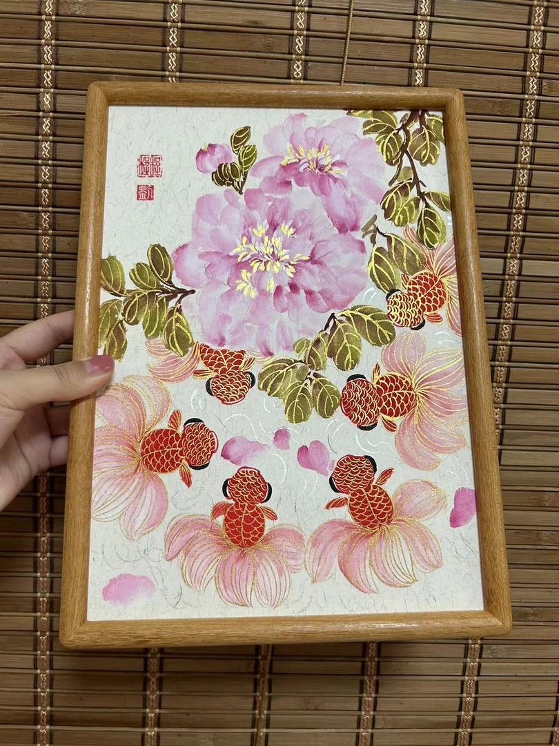 小花纯手绘国画《富贵有鱼》25*33.5cm