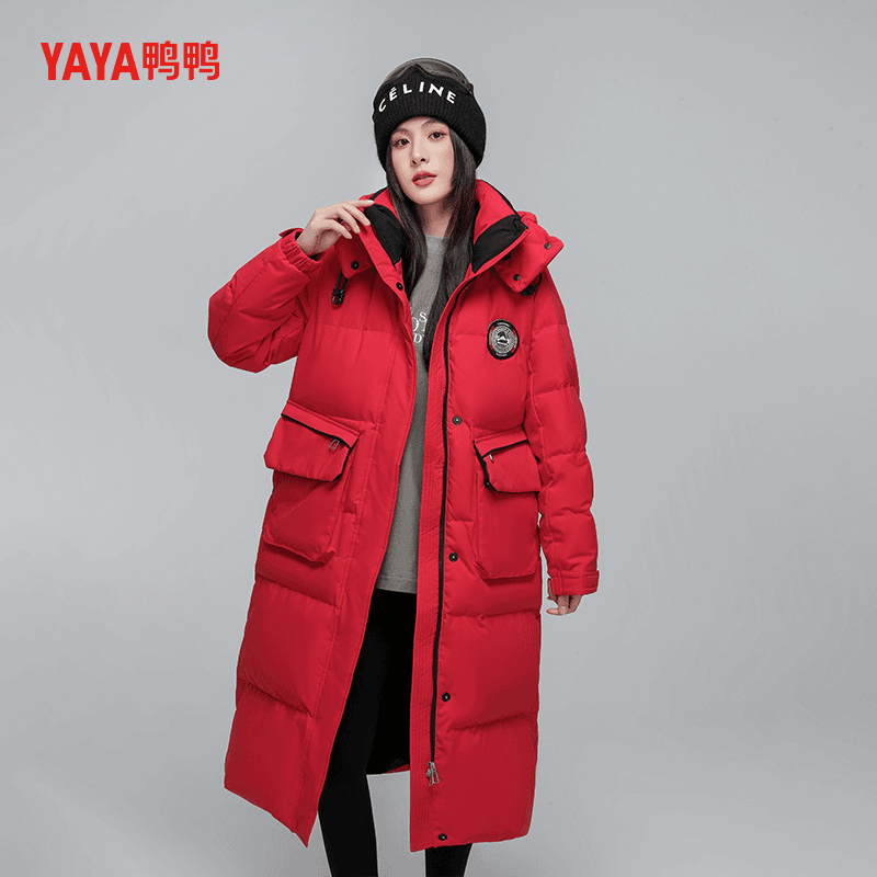 YAYA/鸭鸭2023反季新款长款宽松连帽保暖羽绒服女加厚外套30976
