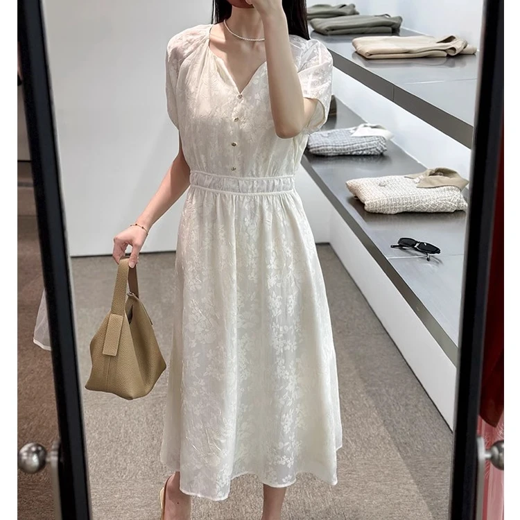 全精品／法式重工提花 南法度假风松紧腰连衣裙