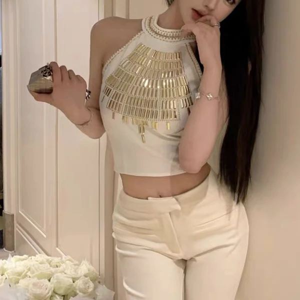 纯欲辣妹挂脖吊带背心女生夏季甜辣气质高级感无袖短款小上衣外穿