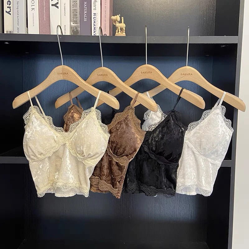 丝绒蕾丝拼接吊带背心女外穿小众设计感内搭