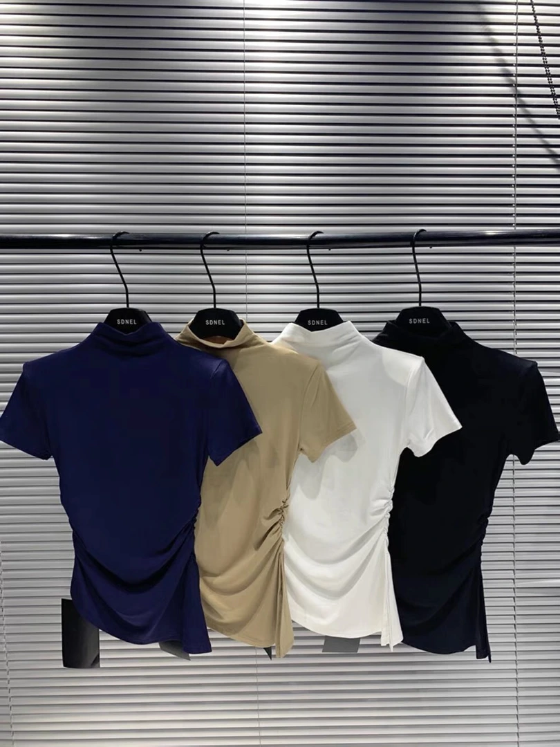 【清版衣不加单不规则半高领短袖t恤女秋季辣妹开叉上衣打底衫