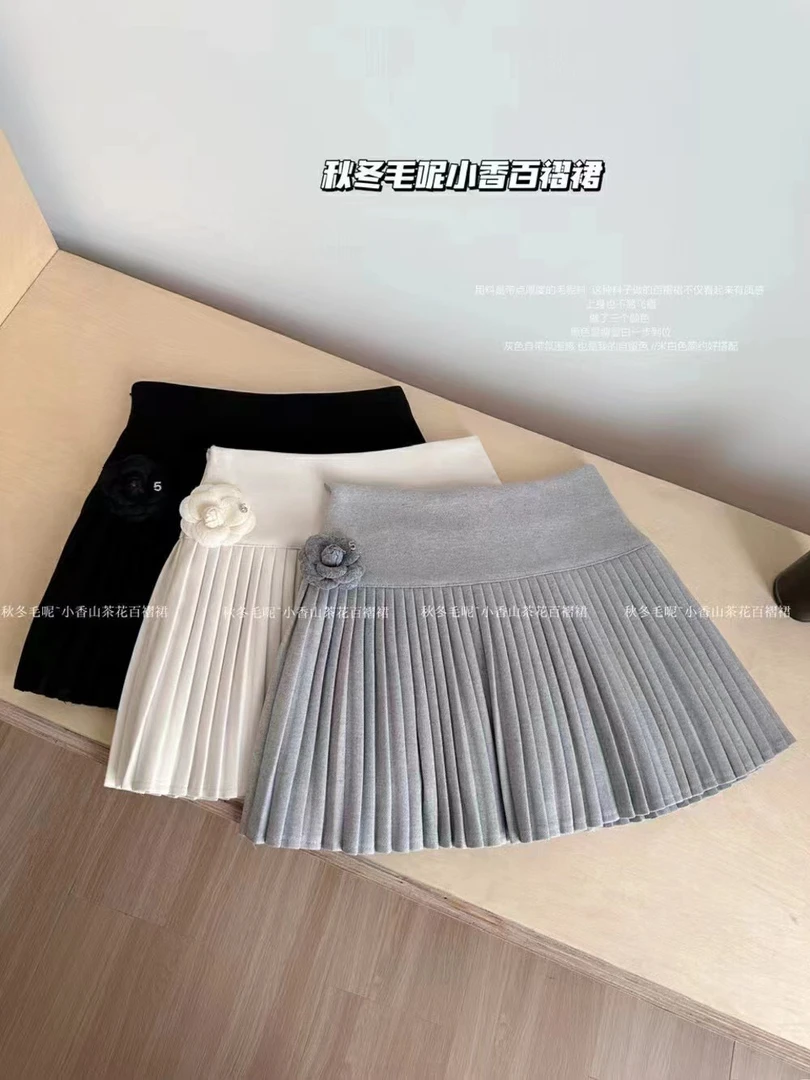 韩版毛呢可拆卸山茶花百褶半身裙女秋冬新款高腰显瘦a字气质短裙
