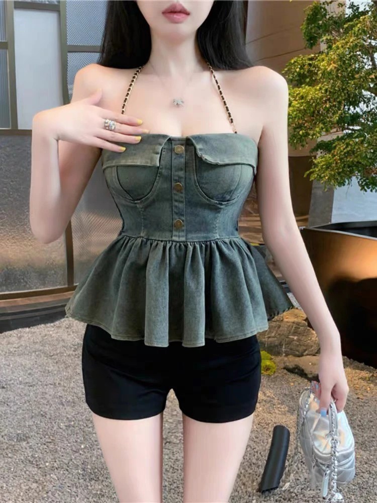 纯欲露肩夏季牛仔抹胸吊带背心女2024新款辣妹短款荷叶边设计上衣