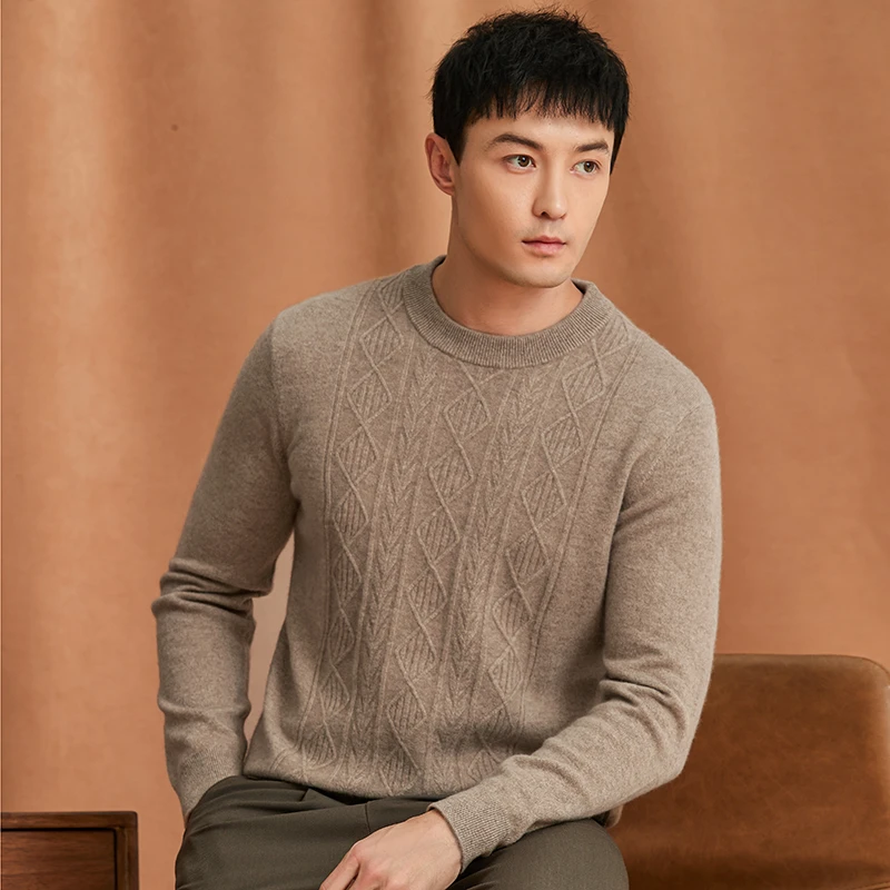 【加厚100%山羊绒】男士圆领领长袖羊绒衫保暖宽松冬季套头针织衫