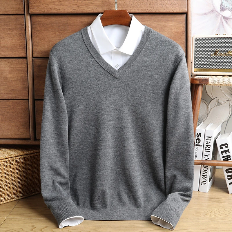 【双面加厚450g】精纺羊毛衫男V领鸡心领四平冬季保暖100%羊毛衫