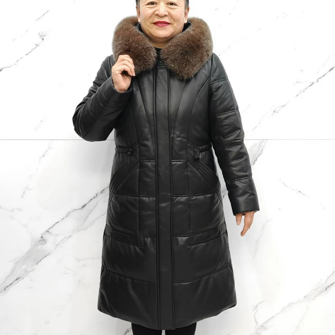 冬季女士新款089女士真皮绵羊皮羽绒服鹅绒服中长款加厚过膝