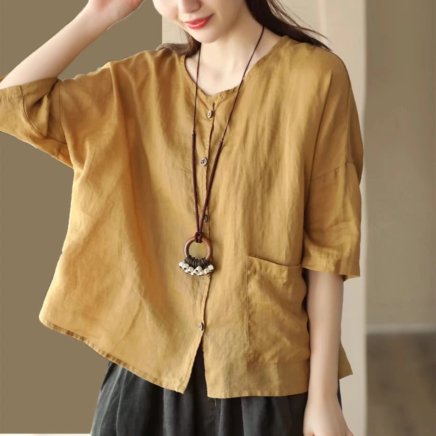 休闲美衣夏款复古100支细苎麻上衣女薄圆领中袖衬衫纯色开衫外搭