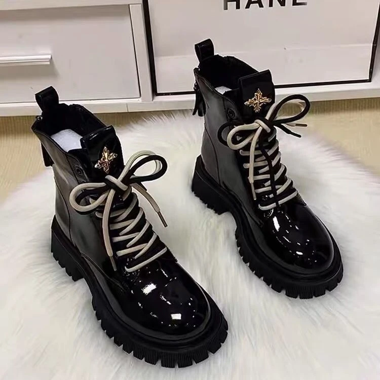 真软皮马丁靴女加绒加厚洋气2023新款秋冬中跟厚底单靴英伦风短靴