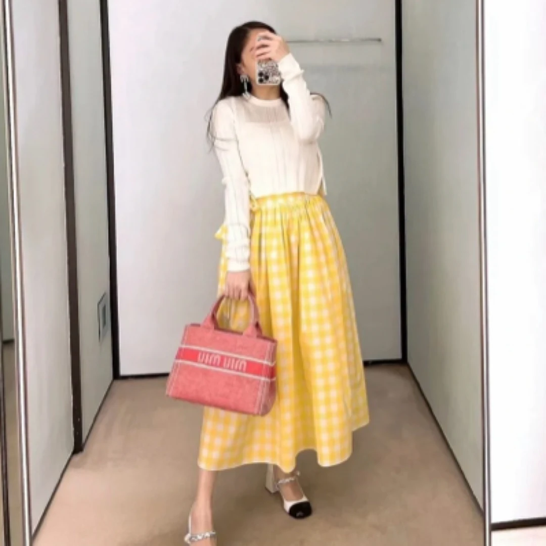 99新 MIU MIU/缪缪 000565 撞色格纹A字半身休闲长裙黄色 38码