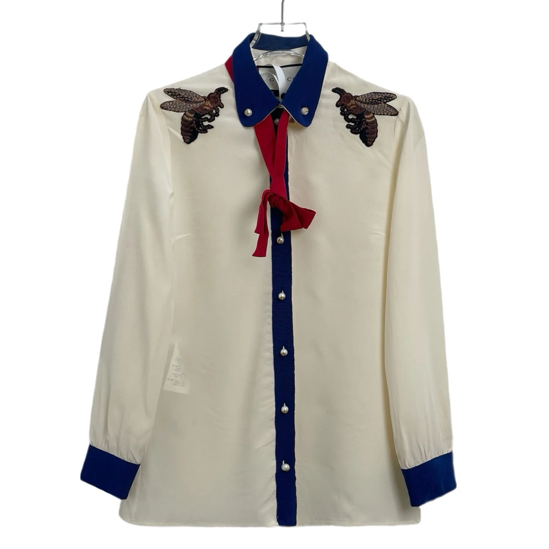 95新 GUCCI/古驰 000974 刺绣蜜蜂珍珠扣衬衫 38码