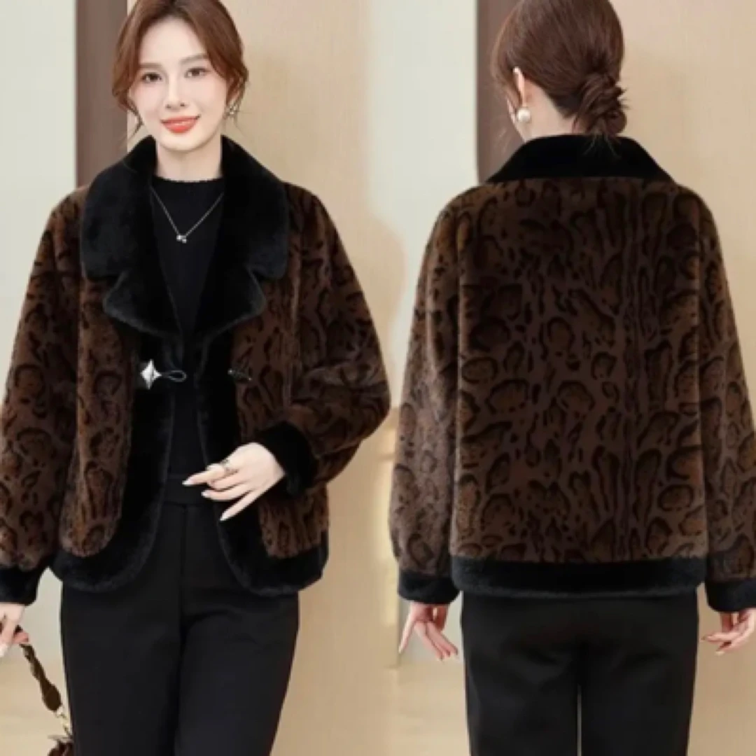 【海宁优选】冬季加厚设计师气质韩版保暖女士时尚百搭豹纹短款外套