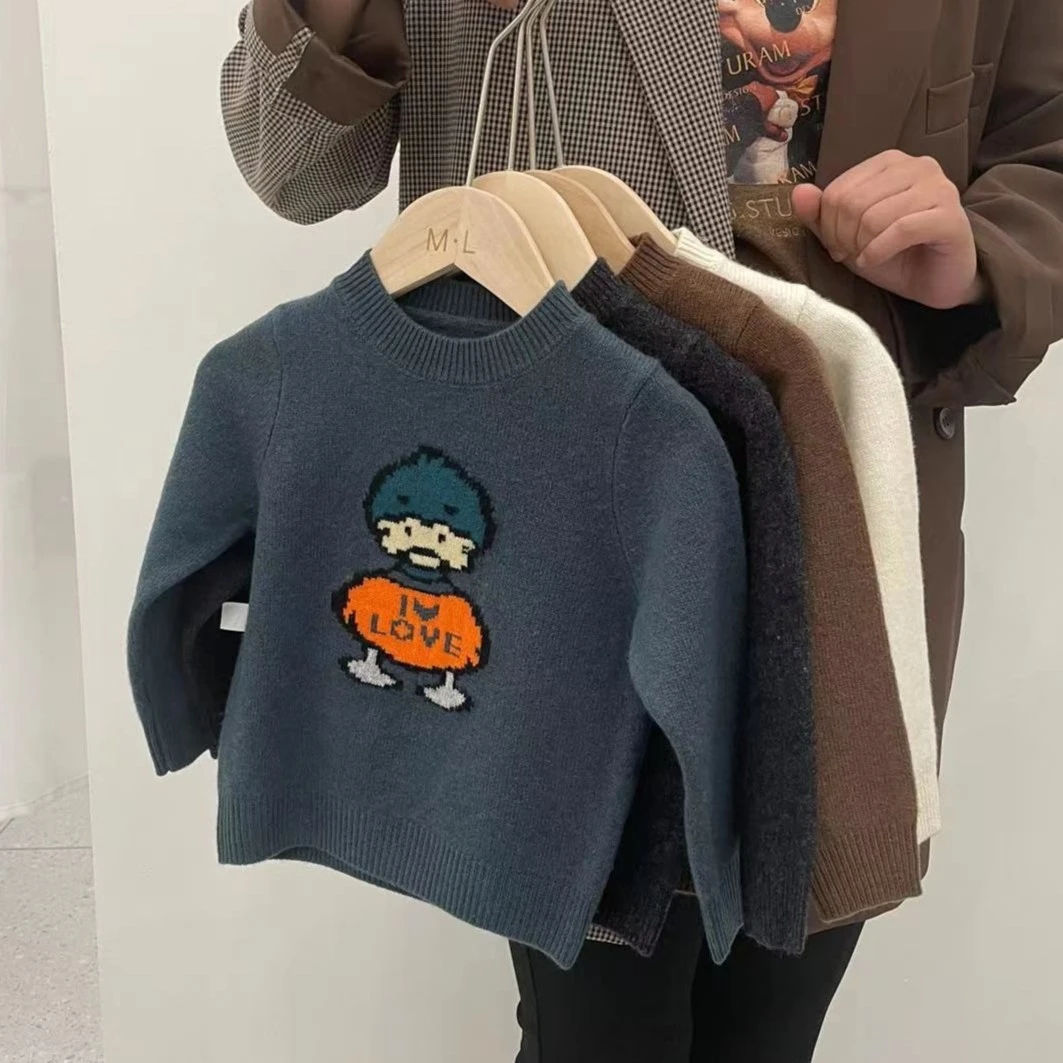 儿童100%纯羊毛衫圆领男女童提花羊毛衫四色针织打底小童毛衣童装