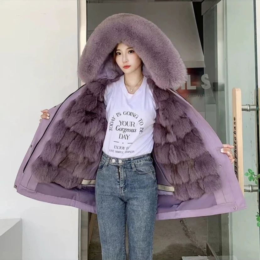 狐美人新款冬季中长款大毛领保暖派克服外套大衣女款短款时尚