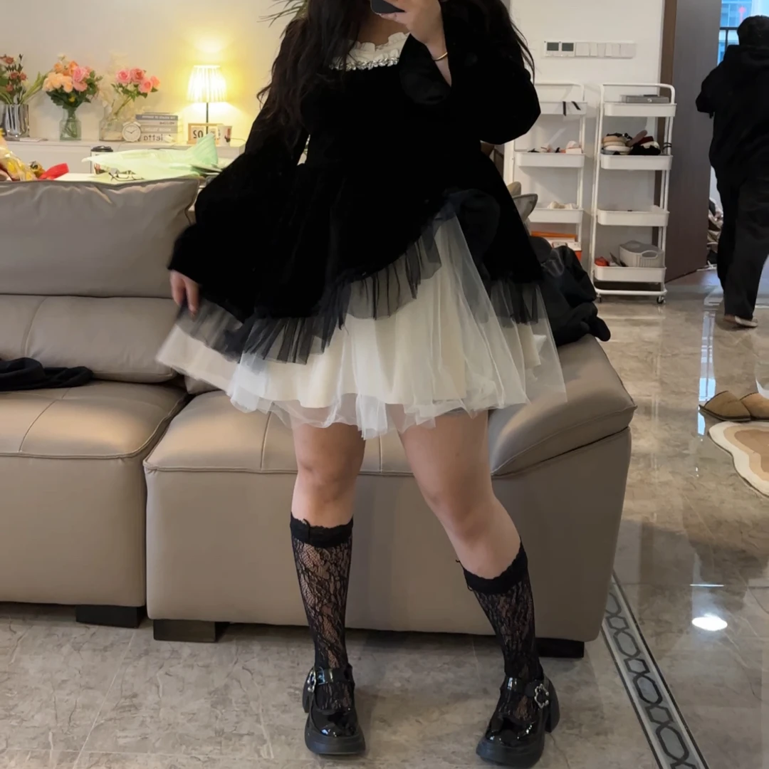 糖果甜心2877公主气质丝绒撞色方领蓬蓬裙女网纱修身显瘦连衣裙