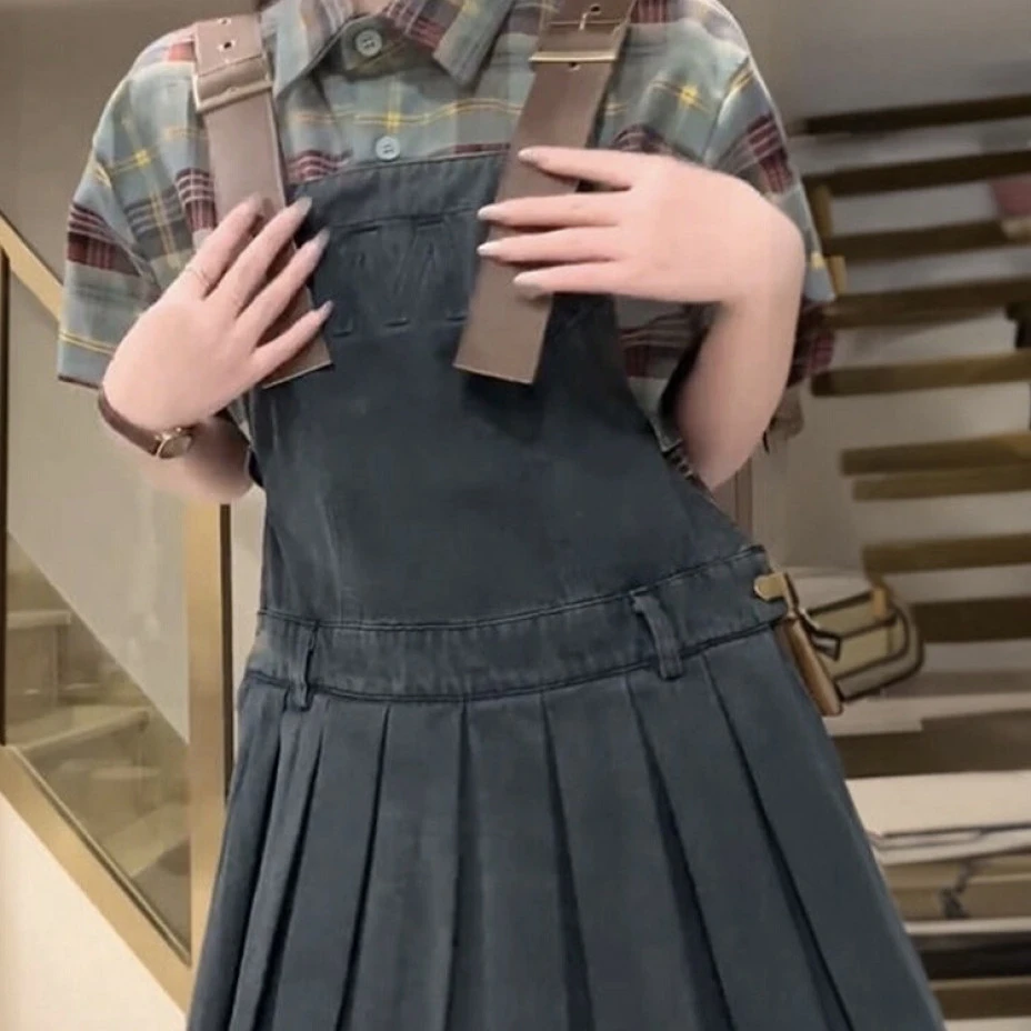 【换季特惠】树莓学院女夏装新款宽松显瘦牛仔背带百褶裙+格纹衬衫