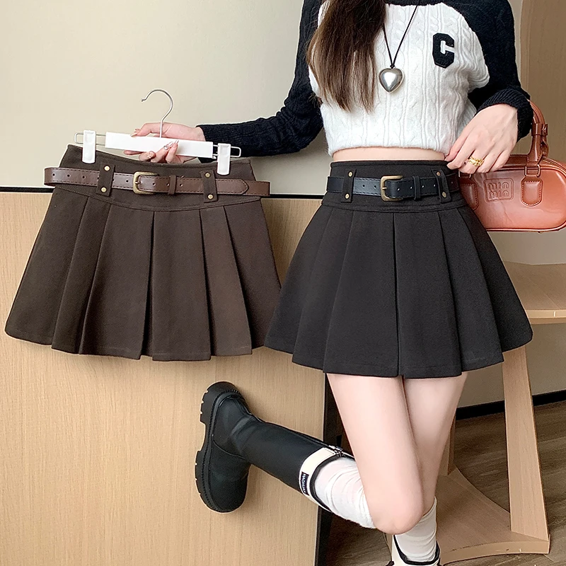 毛呢百褶裙女秋冬2023新款百搭显瘦小个子半身裙高腰大码a字短裙