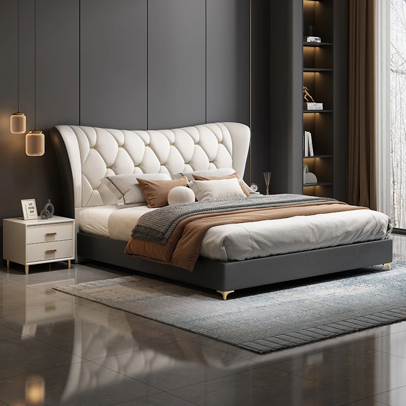 轻奢双人主卧佛山家具1.8米x2米现代头层牛皮主卧大床意式简约