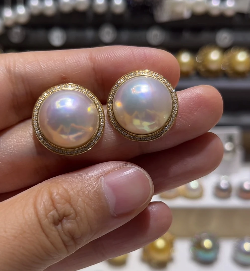 18k金法式复古宫廷风彩虹粉泡泡马贝耳钉钻石镶嵌奄美岛马贝气质