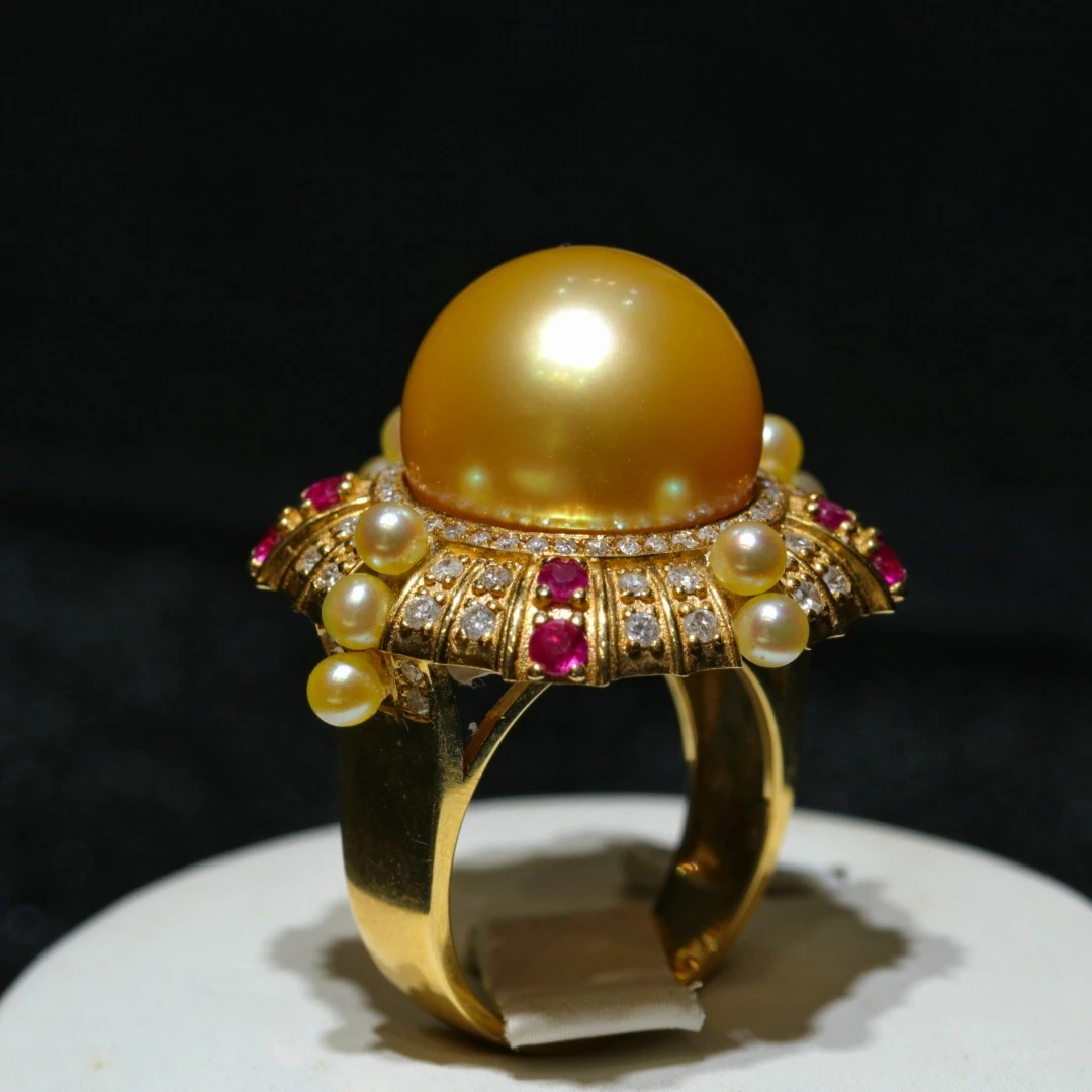 珍丞南洋金珠茶金戒指厚金满钻宝石镶嵌高奢豪华珠宝送礼节日