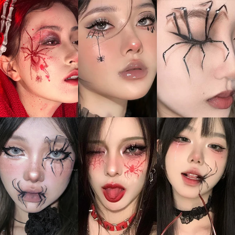 万圣节恐怖蜘蛛妆容彩色纹身脸贴逼真可水洗暗黑搞怪COS装饰派对
