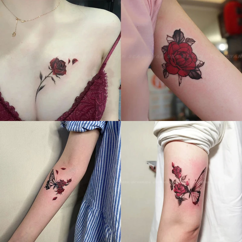 可水洗高颜值蝴蝶玫瑰花纹身贴防水女持久性感胸前手臂遮疤真实感