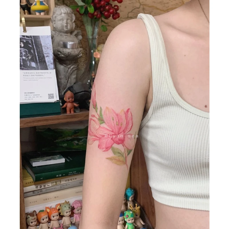 画里杜鹃 纹身贴防水女持久淡雅花朵粉色系手臂小清新不反光彩绘