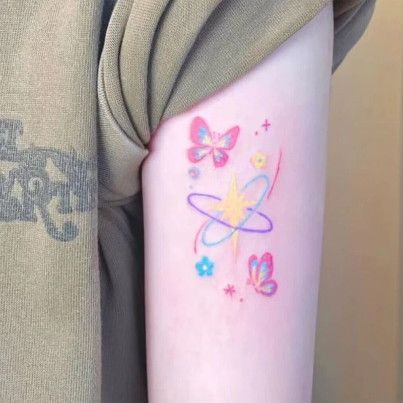 彩色蜡笔蝴蝶纹身贴防水持久仿真少女心ins可爱卡通时尚仙气贴画