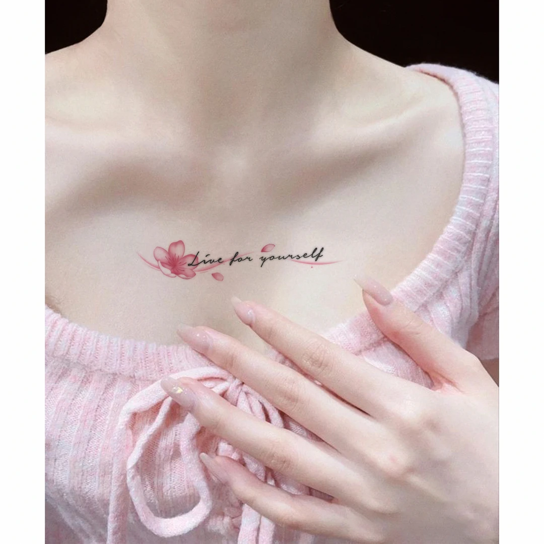 为自己而活英文浪漫樱花彩色纹身贴防水女持久唯美锁骨性感不反光