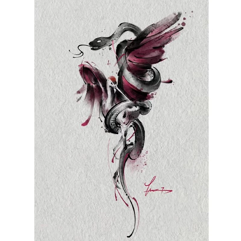 毒蛇与鹤 纹身贴彩色逼真刺青色辣妹甜酷花臂花腿图案防水半永久