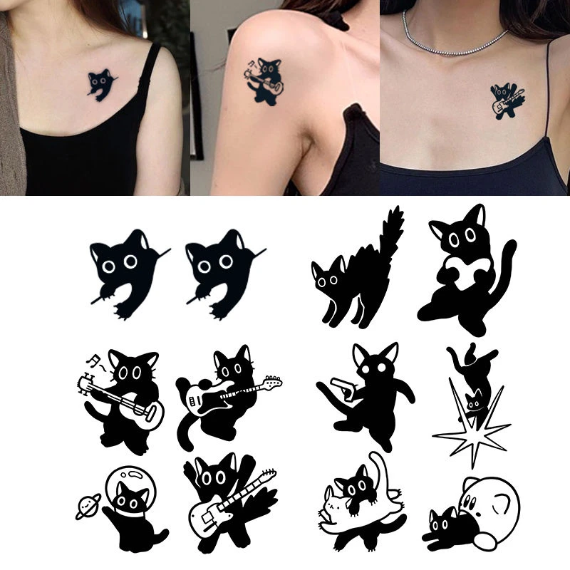 黑色小猫咪套餐多款可爱草本纹身贴小众ins风搞怪有趣学生版男女
