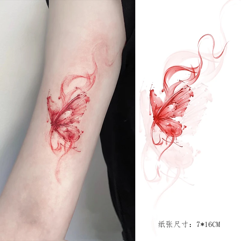 新款一次性可水洗红色蝴蝶少女遮疤ins风彩绘纹身贴彩色半永久女